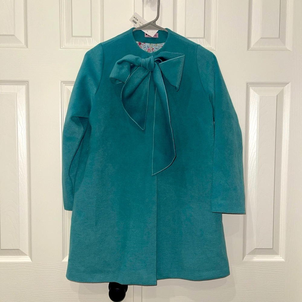 Phi Clothing Brand- Teal Young girl Coat w/Bow. Sz 13/14yrs. NWT